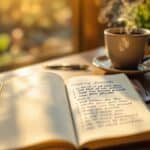 Morning journaling definition illustrated with sunlit leather journal, fountain pen, coffee, and plant on wooden desk, showing gratitude lists and reflective notes in peaceful, mindful atmosphere.