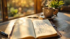 Morning journaling definition illustrated with sunlit leather journal, fountain pen, coffee, and plant on wooden desk, showing gratitude lists and reflective notes in peaceful, mindful atmosphere.