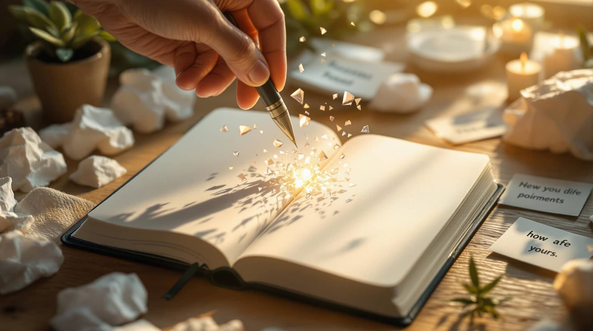 A hand holding a pen breaks through an invisible barrier above a blank journal page, surrounded by meditation cushion, plants, and prompt cards, symbolizing how to overcome writer's block in therapeutic journaling. 