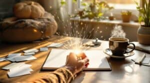A person's hand holding a pen breaks through an invisible barrier above a blank journal, surrounded by meditation cushions and writing prompts, illustrating how to overcome writer's block in a peaceful, sunlit workspace.