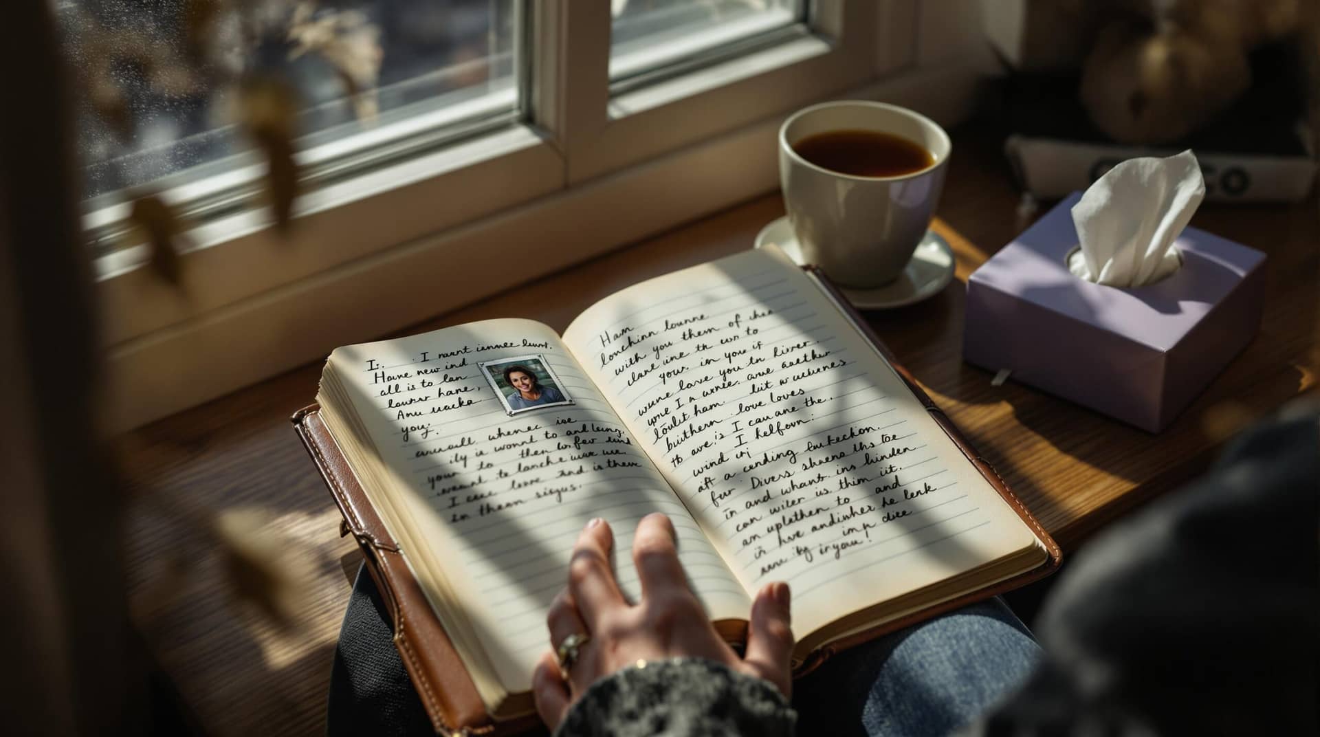Person engaged in grief journaling in a sun-drenched window nook, writing in a leather journal with a photo of a loved one visible on the page, accompanied by tea and tissues, creating an atmosphere of emotional healing. 