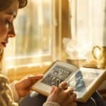 Person grief journaling in a sunlit window nook, tearfully writing in a leather journal with a photo of a loved one, surrounded by tissues and tea.