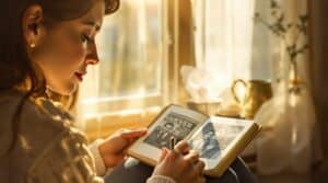 Person grief journaling in a sunlit window nook, tearfully writing in a leather journal with a photo of a loved one, surrounded by tissues and tea.