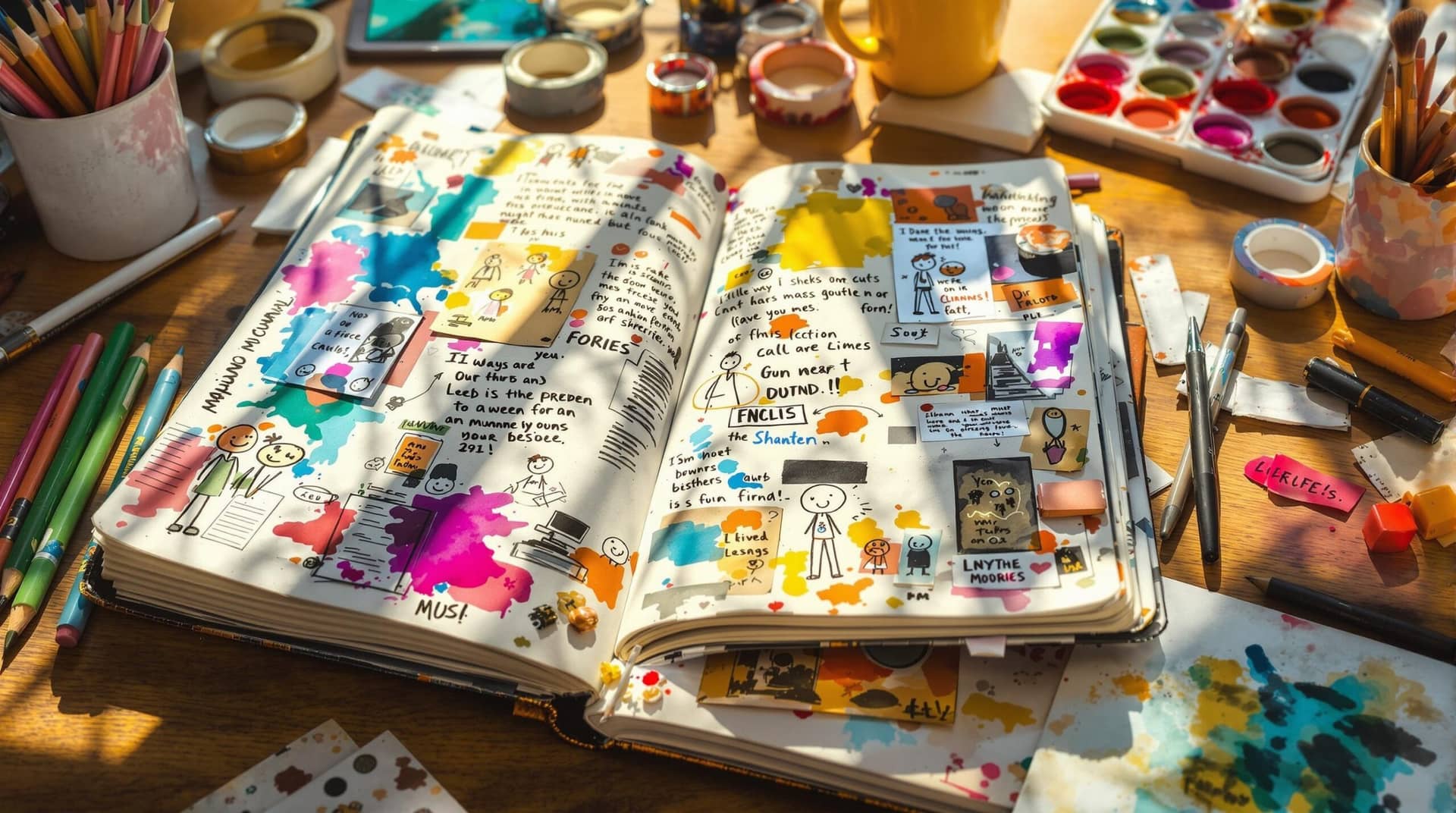 Colorful mixed-media art journaling ideas featuring paint splatters, sketches, and collage elements on an open journal surrounded by traditional supplies and digital tools in warm sunlight. 
