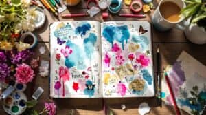Open art journal displaying vibrant watercolor, doodles, collage elements and pressed flowers on wooden table with scattered art supplies—showcasing creative art journaling ideas in natural sunlight.