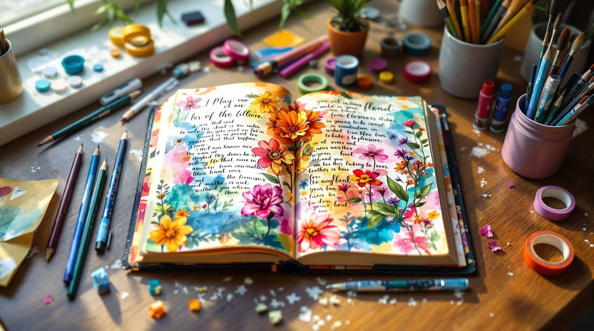 Colorful art journal spread featuring watercolor backgrounds, handwritten notes, collage elements and pressed flowers, surrounded by creative supplies on a wooden desk, showcasing inspirational art journaling ideas for mixed media expression. 