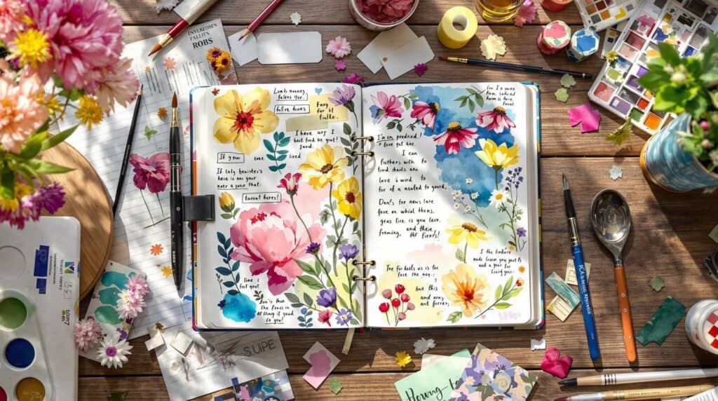 Vibrant art journal spread on wooden table with watercolor backgrounds, handwritten notes, pressed flowers, and art supplies scattered around, showcasing creative art journaling ideas in warm natural light.