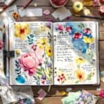 Vibrant art journal spread on wooden table with watercolor backgrounds, handwritten notes, pressed flowers, and art supplies scattered around, showcasing creative art journaling ideas in warm natural light.