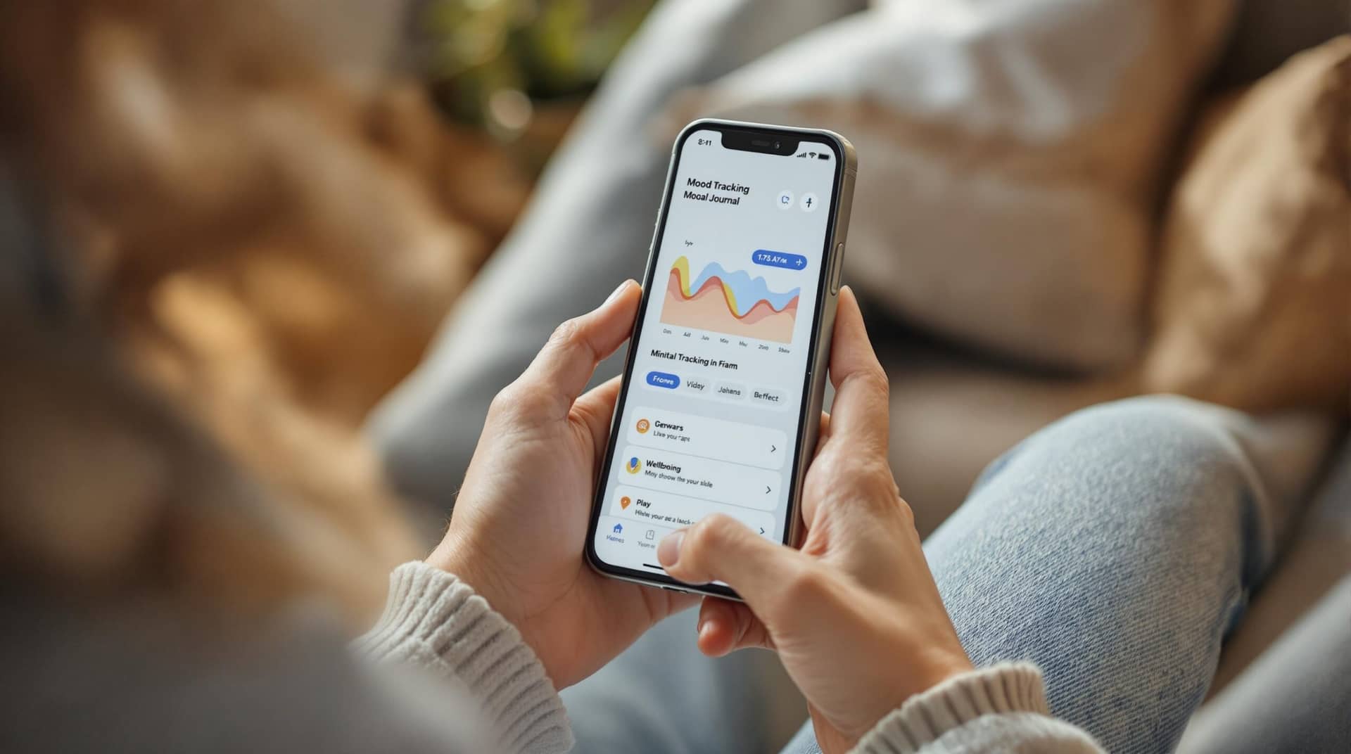 Person relaxing in a cozy corner while viewing journaling suggestions on iPhone, with mood tracking graphs and mental wellness elements visible in a warm, professionally lit composition. 