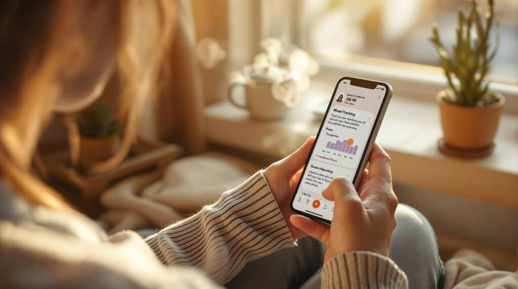 Person relaxing in sunlit window nook using journaling suggestions on iPhone app, with mood tracking features visible on screen, surrounded by tea, plant and cozy blanket.