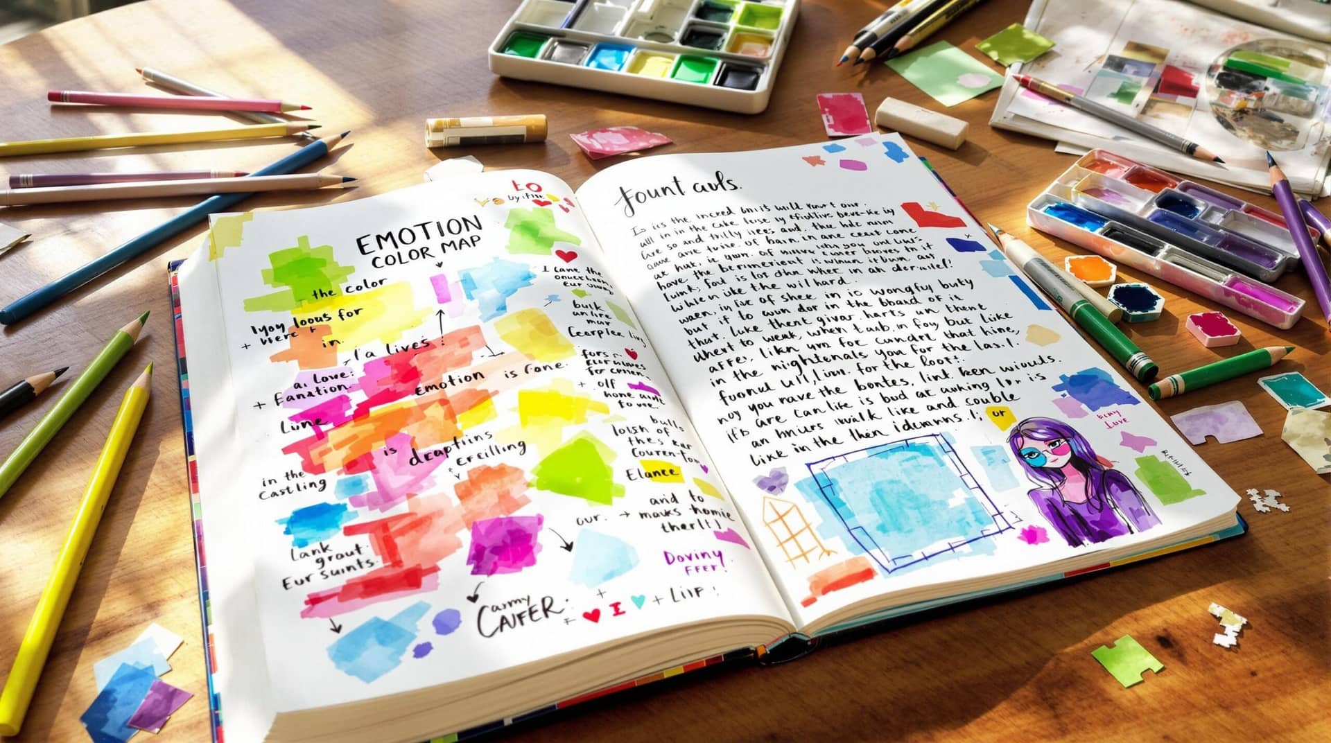 Open artistic visual journal displaying a blend of watercolor sketches, handwritten text, and emotion color map, surrounded by art supplies on a wooden table - demonstrating the creative process of visual journaling for self-discovery and emotional expression. 