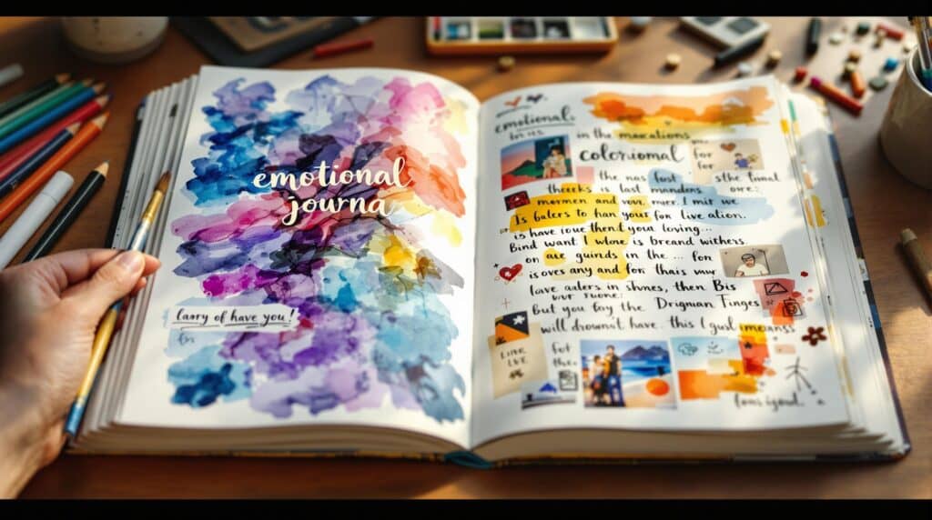 Open visual journal showcasing therapeutic visual journaling process with watercolor washes, handwritten reflections, and mixed media elements across both pages, with art supplies scattered nearby in warm lighting.