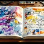 Open visual journal showcasing therapeutic visual journaling process with watercolor washes, handwritten reflections, and mixed media elements across both pages, with art supplies scattered nearby in warm lighting.