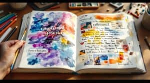Open visual journal showcasing therapeutic visual journaling process with watercolor washes, handwritten reflections, and mixed media elements across both pages, with art supplies scattered nearby in warm lighting.
