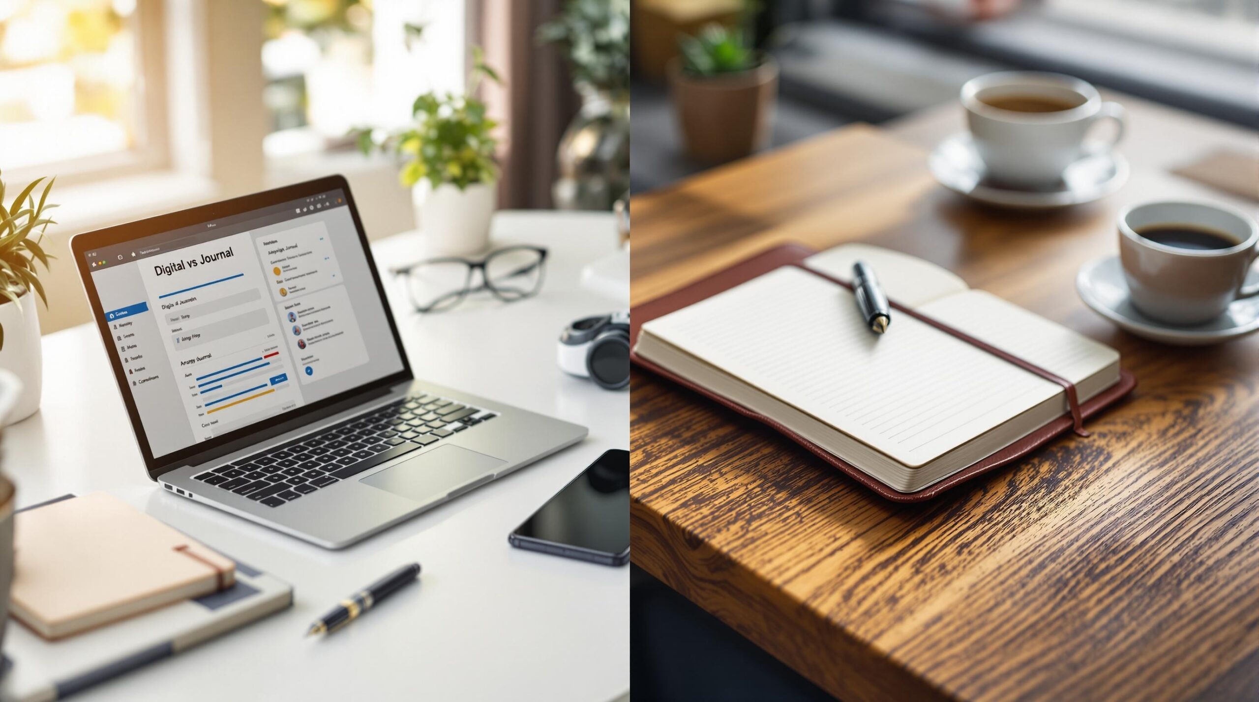 Split-screen comparison showing digital career development journal on laptop and tablet versus traditional handwritten career development journal with fountain pen on wooden desk, highlighting modern versus classic journaling approaches