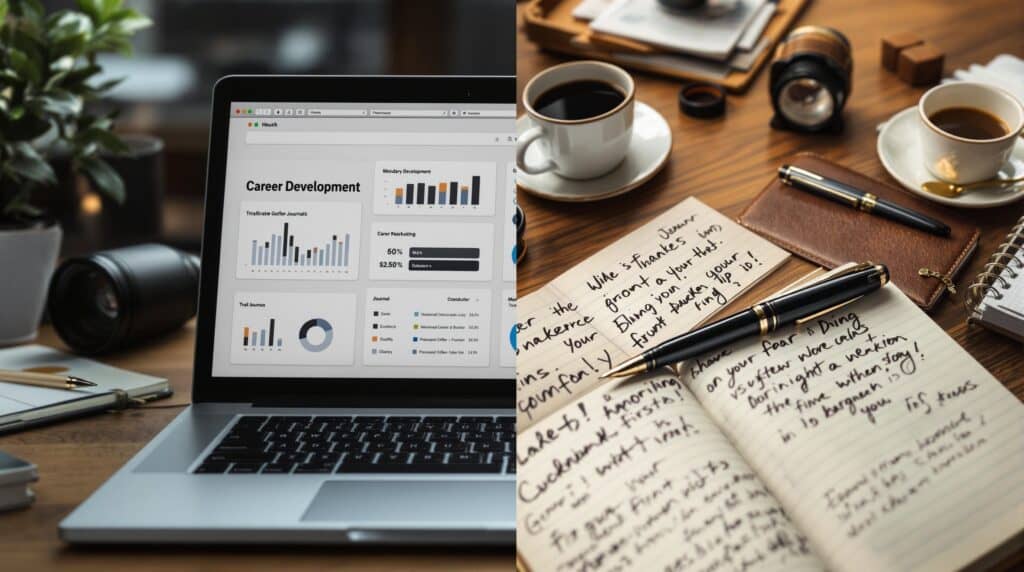 Split-screen image comparing digital career development journal on laptop with graphs and tracking interface versus traditional handwritten career development journal with leather-bound book, fountain pen, and coffee on wooden desk