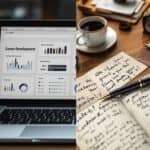 Split-screen image comparing digital career development journal on laptop with graphs and tracking interface versus traditional handwritten career development journal with leather-bound book, fountain pen, and coffee on wooden desk