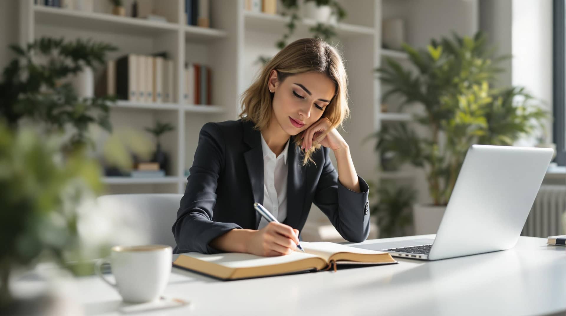 Professional woman writing in career development journal at modern office desk with laptop and coffee, soft natural lighting creating inspiring workspace atmosphere.
