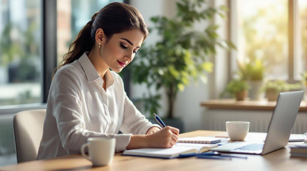 Professional woman writing in career development journal at modern office desk with laptop, coffee, and natural lighting from windows