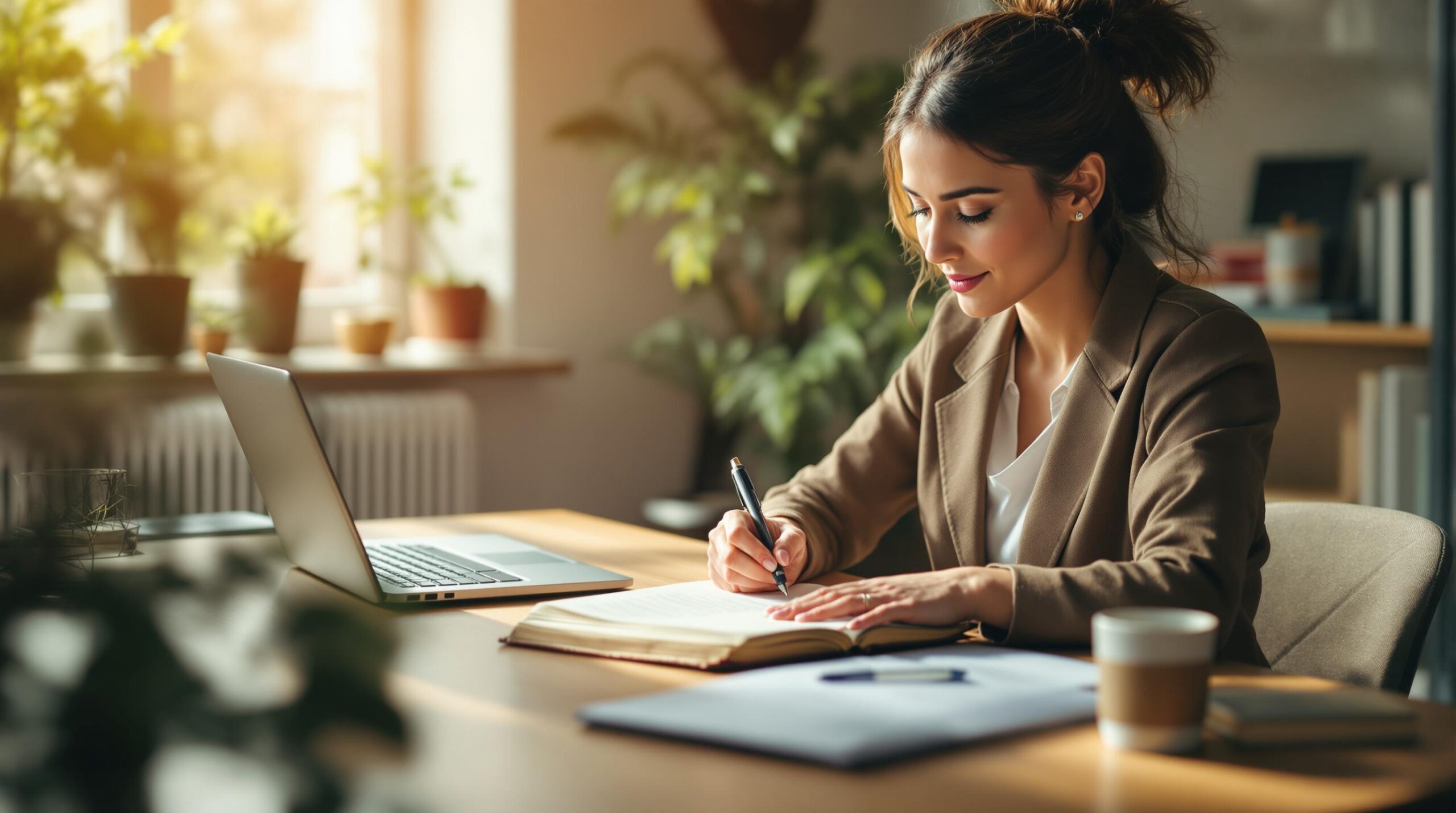 Professional woman writing in a career development journal at a modern wooden desk in a bright office, surrounded by laptop, coffee, and inspirational books with warm natural lighting.