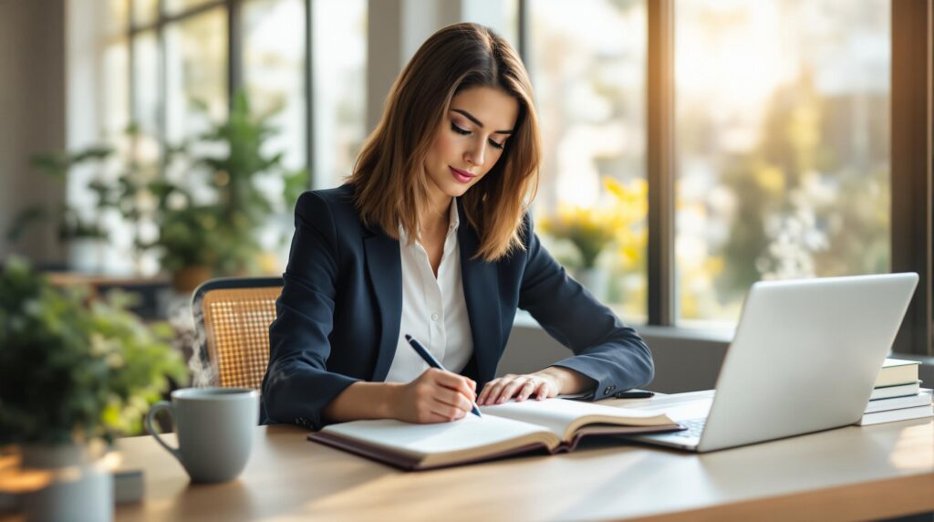 Professional woman in navy blazer writing in career development journal at modern office desk with laptop, coffee, and natural lighting.