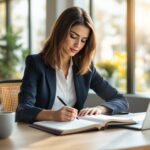 Professional woman in navy blazer writing in career development journal at modern office desk with laptop, coffee, and natural lighting.