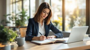 Professional woman in navy blazer writing in career development journal at modern office desk with laptop, coffee, and natural lighting.