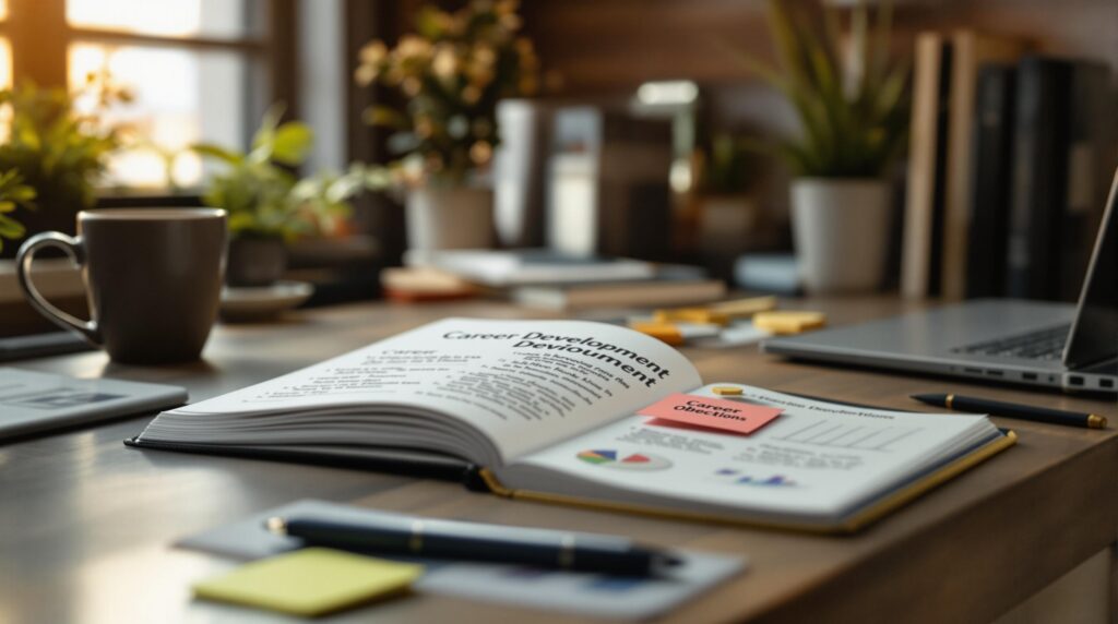 Professional workspace with open career development journal displaying handwritten goals and progress charts, surrounded by laptop, coffee cup, and office supplies in warm natural lighting.