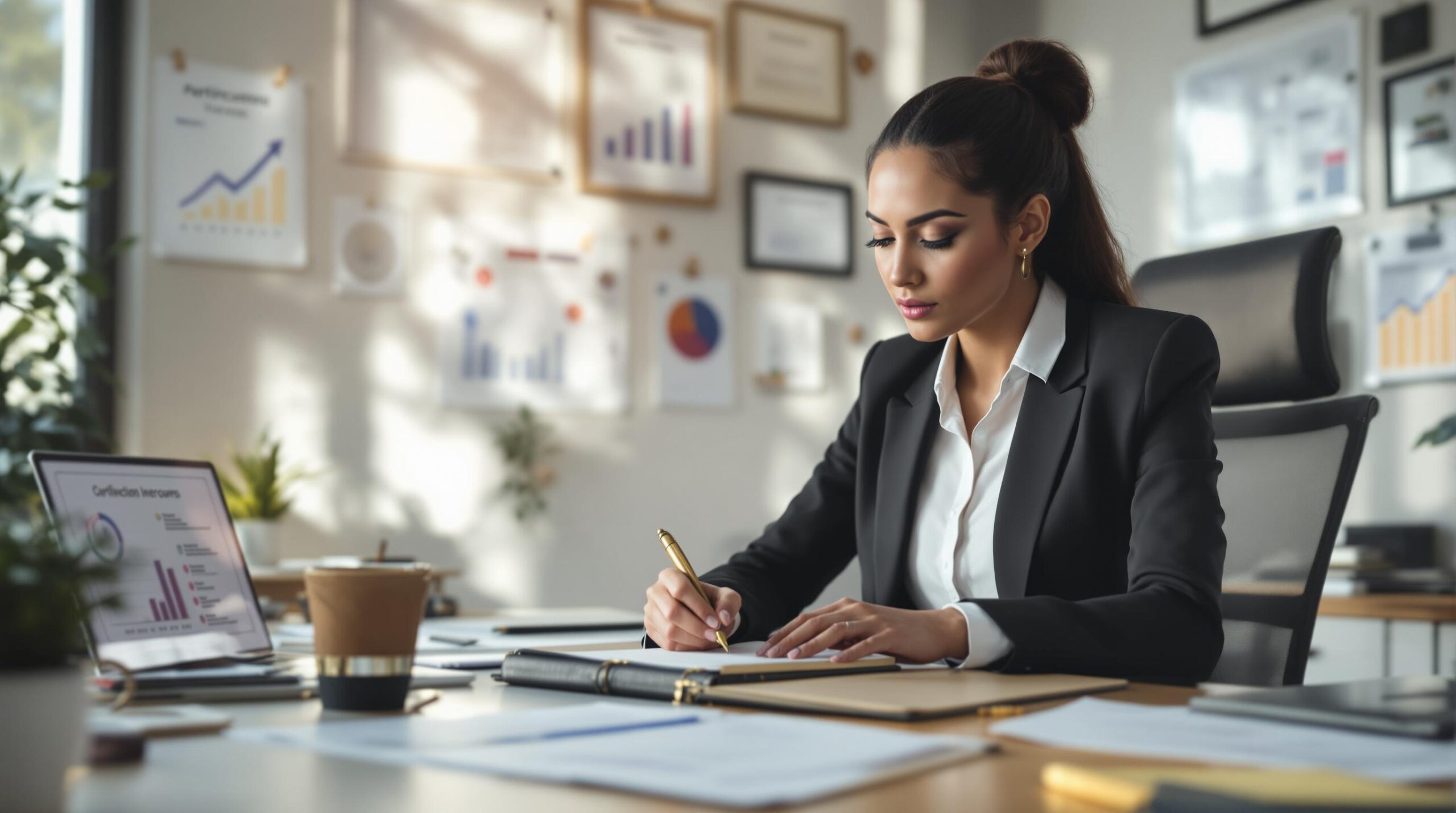 Professional businesswoman writing in a career development journal at her modern office desk, surrounded by achievement certificates and upward-trending performance charts, symbolizing career growth and professional success.