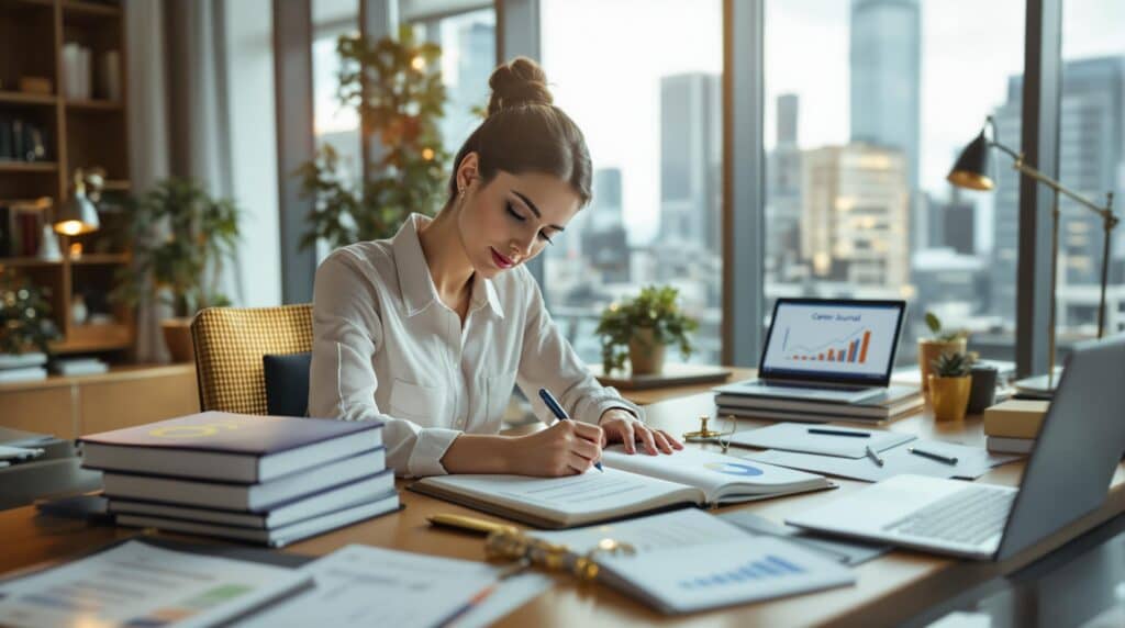 Professional businesswoman writing in career development journal at modern office desk with achievement documents, charts, and city skyline view, depicting strategic career planning and growth.