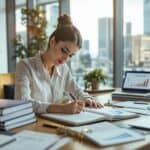 Professional businesswoman writing in career development journal at modern office desk with achievement documents, charts, and city skyline view, depicting strategic career planning and growth.
