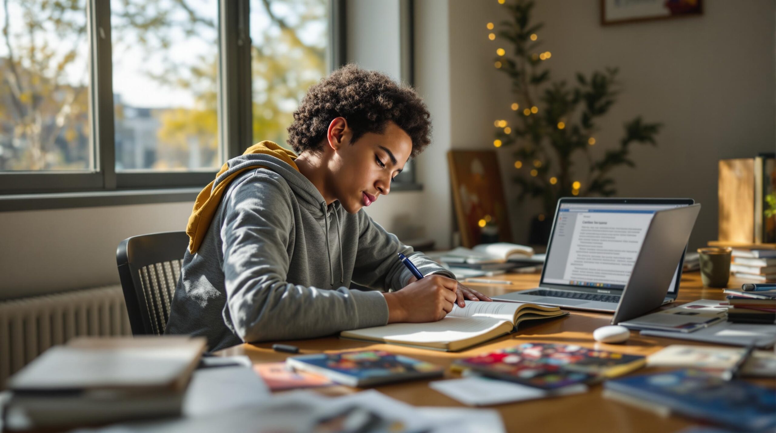 High school student writing in journal at desk with college materials