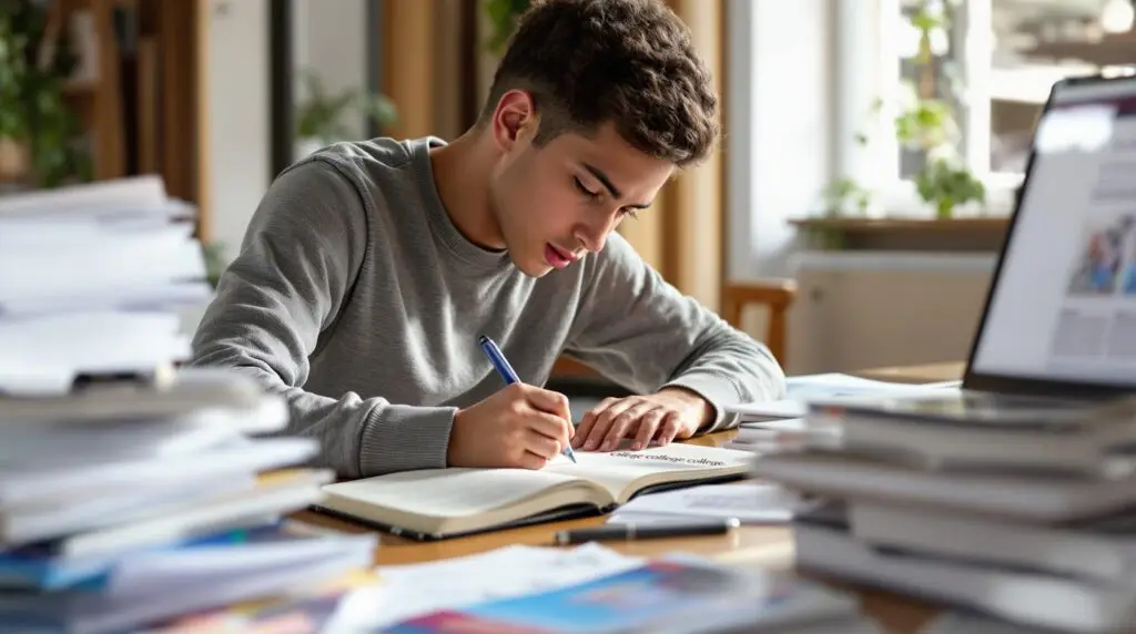 High school student writing in journal while surrounded by college application materials and brochures on wooden desk, captured in warm natural lighting with focused, thoughtful expression.