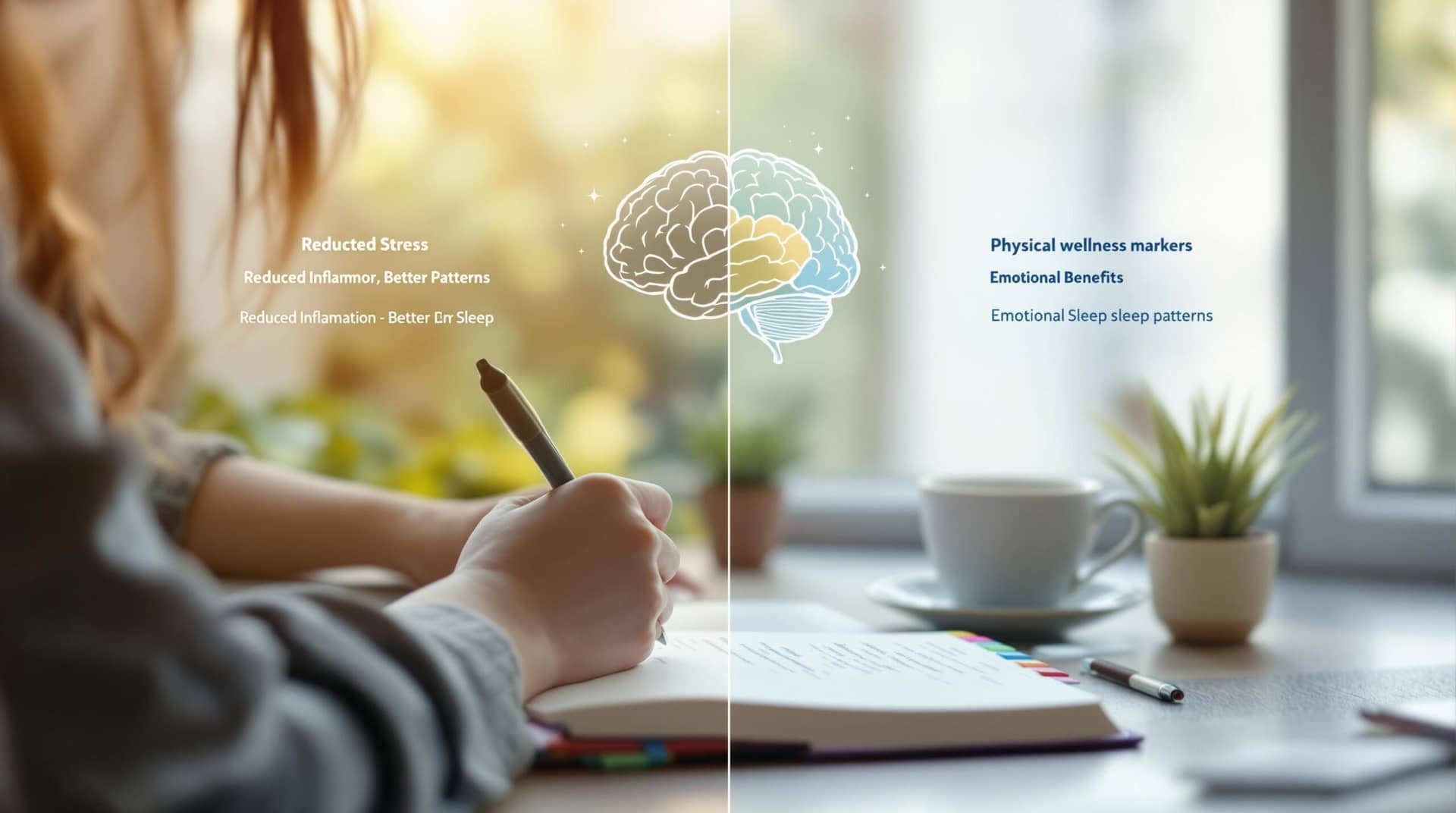 Person engaging in health journaling by a sunlit window, with organized journal, tea, and wellness elements visible, illustrating the mental and physical benefits of regular reflection. 