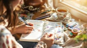 A woman smiles peacefully while writing in a leather-bound health journaling notebook, surrounded by colorful pens and tracking stickers, with steaming herbal tea nearby in a warm, sunlit cozy corner.