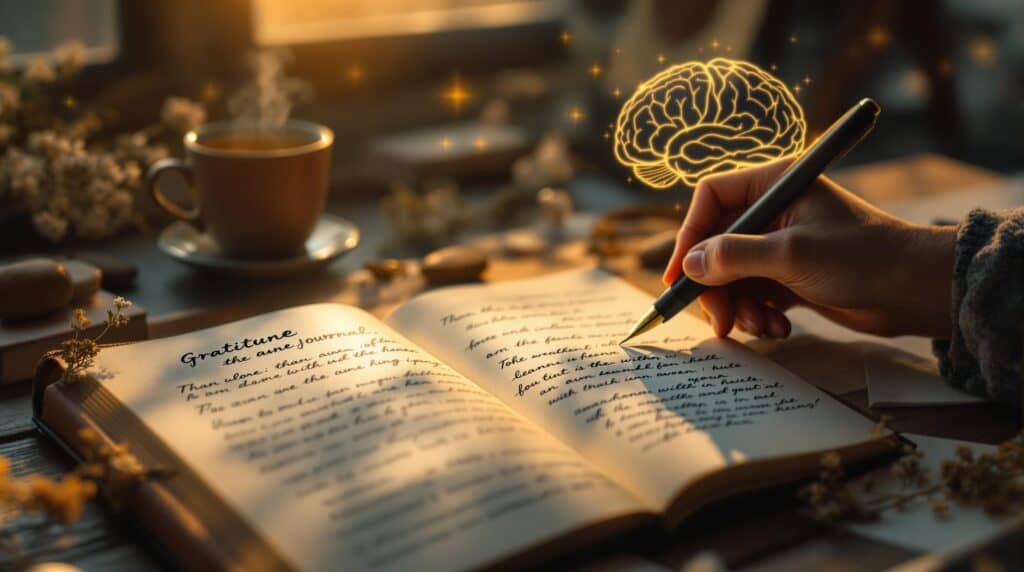 Person writing in a gratitude journaling notebook on a sunlit wooden desk with coffee, personal mementos, and a subtle brain illustration showing neural connections.