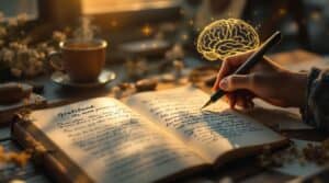 Person writing in a gratitude journaling notebook on a sunlit wooden desk with coffee, personal mementos, and a subtle brain illustration showing neural connections.