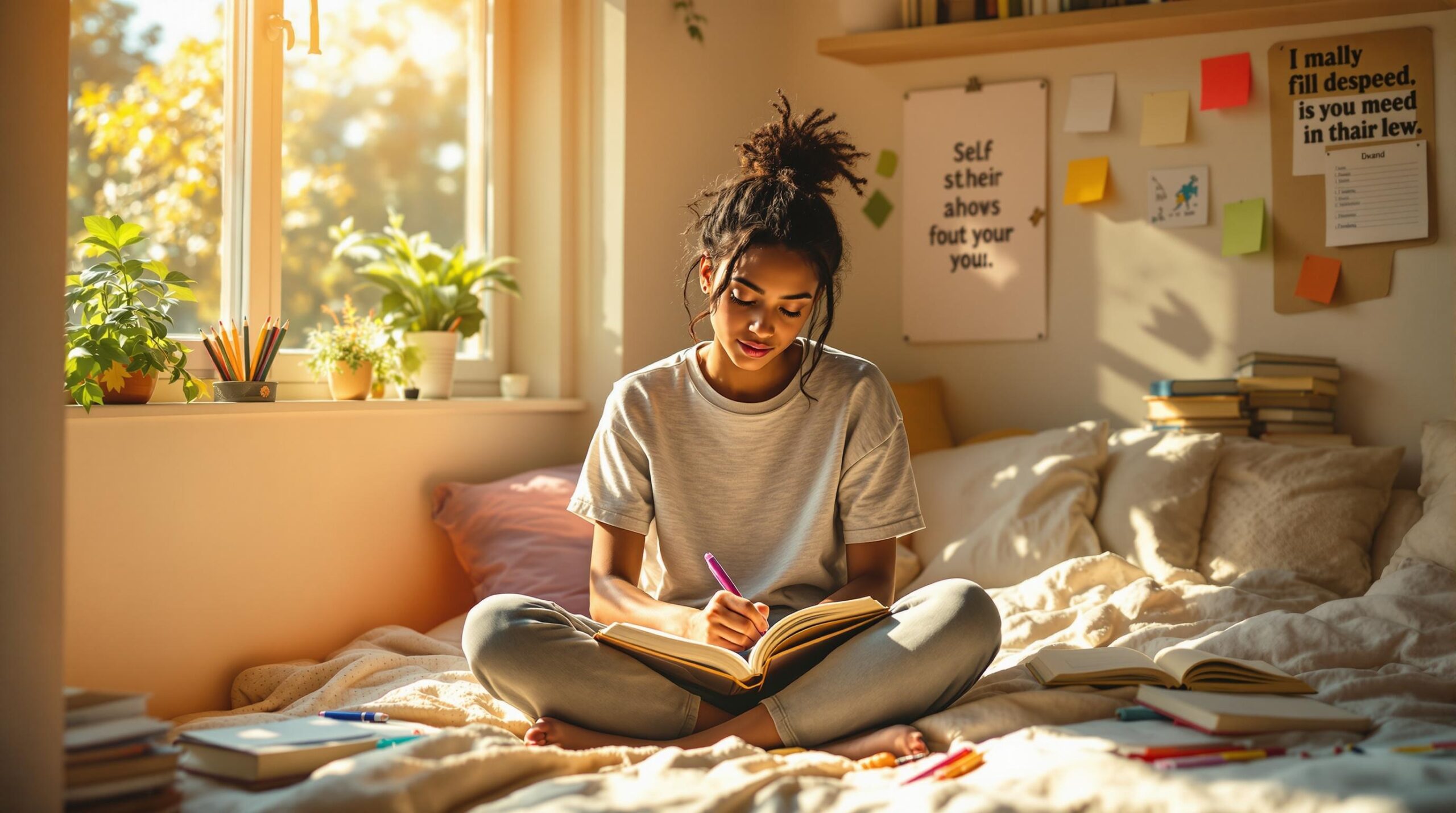 High school student writing thoughtfully in journal while sitting cross-legged on bed in sunlit bedroom with colorful pens, books, and motivational wall quotes