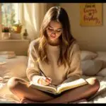 Peaceful teenage girl writing in her High School Journal while sitting cross-legged on her sunlit bedroom bed, surrounded by colorful pens and books in a contemplative moment of self-reflection.