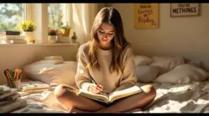 Peaceful teenage girl writing in her High School Journal while sitting cross-legged on her sunlit bedroom bed, surrounded by colorful pens and books in a contemplative moment of self-reflection.