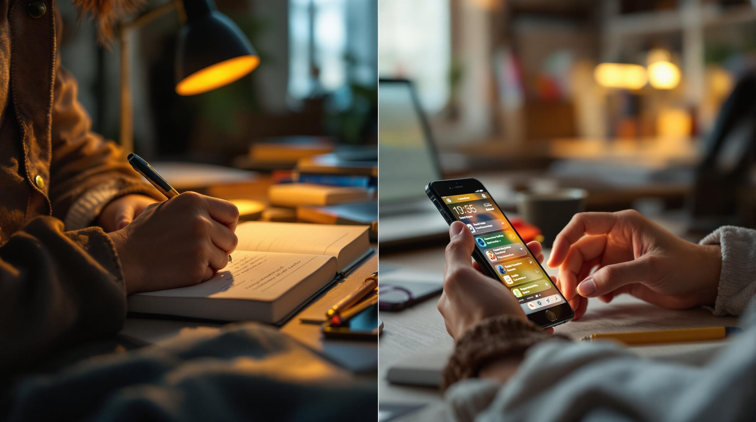 Split-screen image showing teenage hands writing in a physical High School Journal on the left and typing on a smartphone with digital journaling app on the right, contrasting analog and digital note-taking methods in a student's bedroom setting.