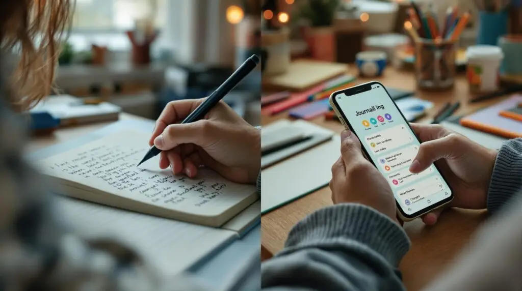 Student hands writing in High School Journal on left side and typing on smartphone digital journaling app on right side, split-screen comparison of analog versus digital note-taking methods in cozy bedroom setting