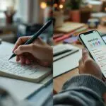 Student hands writing in High School Journal on left side and typing on smartphone digital journaling app on right side, split-screen comparison of analog versus digital note-taking methods in cozy bedroom setting