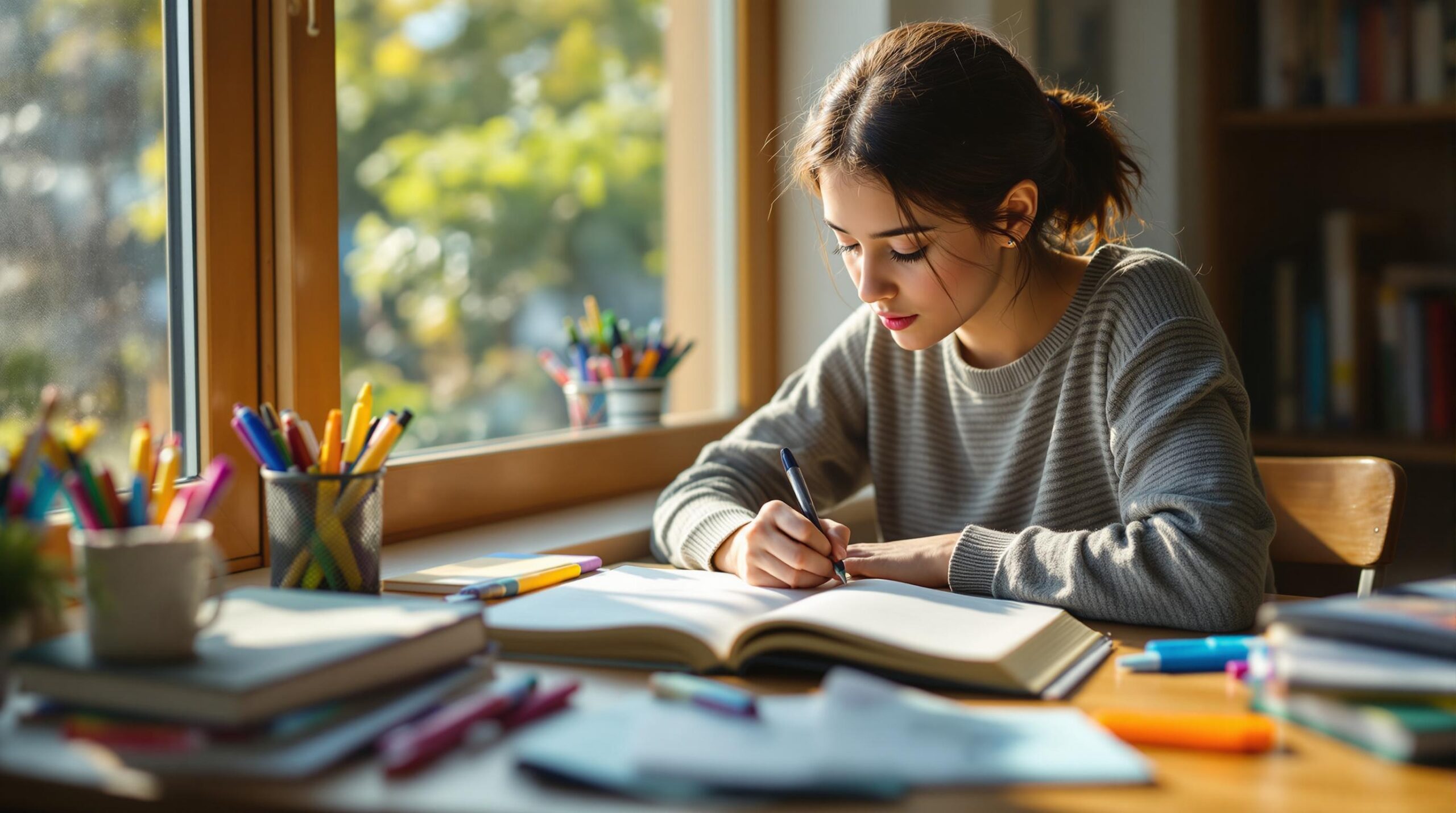 Teenage student writing in high school journal at wooden desk by sunny window with school supplies and textbooks scattered around, creating warm studying atmosphere.