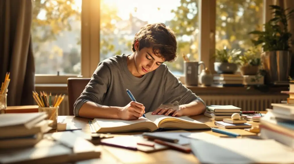 Teenage student writing in high school journal at sunny wooden desk surrounded by textbooks and school supplies in cozy study atmosphere.