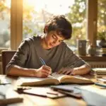 Teenage student writing in high school journal at sunny wooden desk surrounded by textbooks and school supplies in cozy study atmosphere.