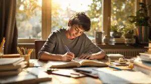 Teenage student writing in high school journal at sunny wooden desk surrounded by textbooks and school supplies in cozy study atmosphere.