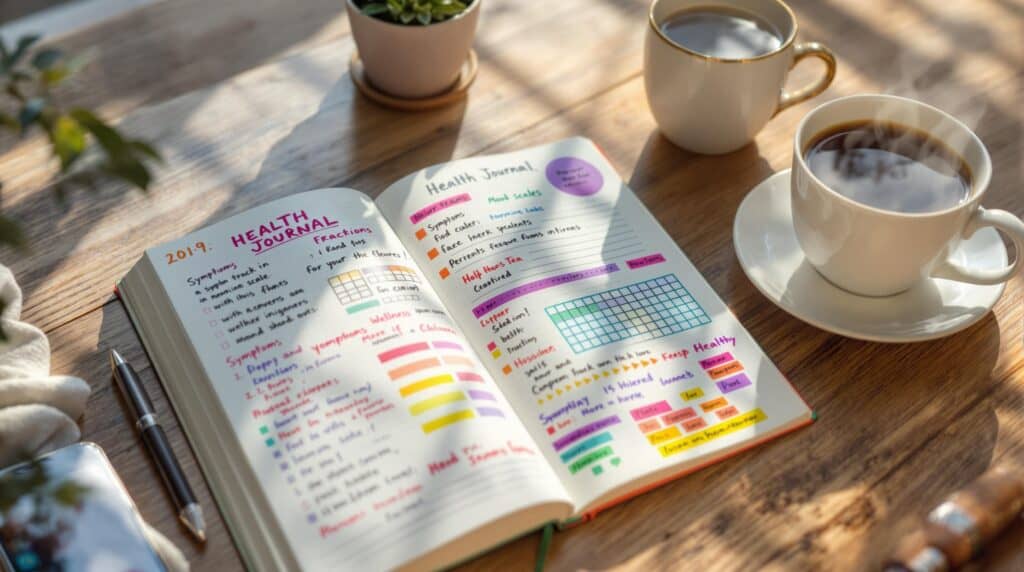 Close-up of an open health journaling notebook with handwritten entries and colorful charts next to a smartphone, surrounded by a cup of tea, pen, and plant in warm morning light.
