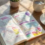 Close-up of an open health journaling notebook with handwritten entries and colorful charts next to a smartphone, surrounded by a cup of tea, pen, and plant in warm morning light.