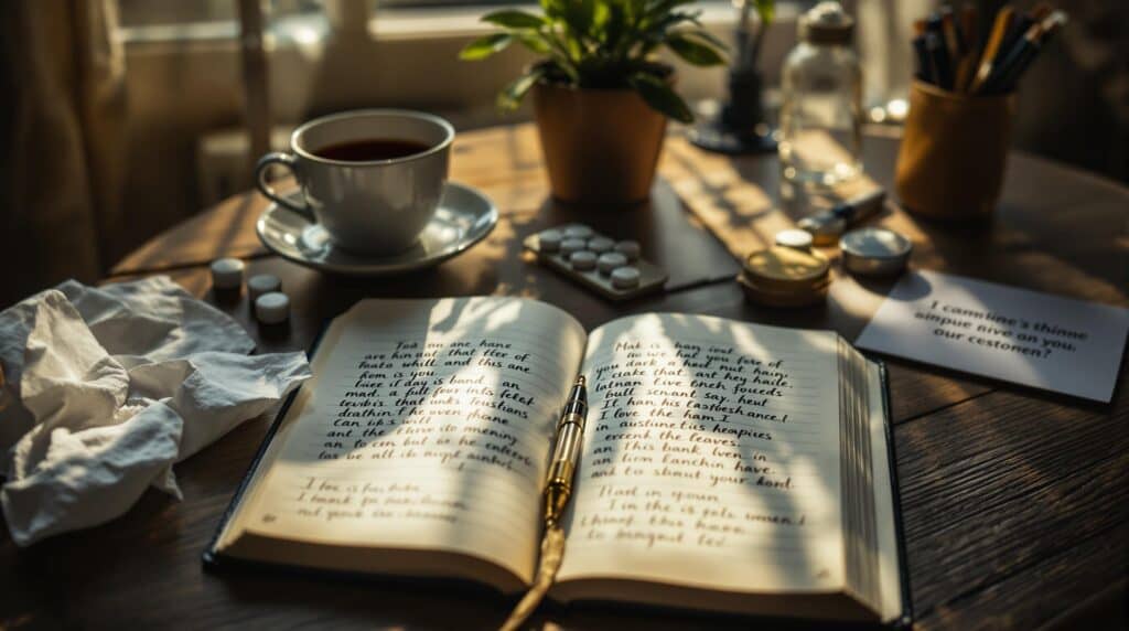 A close-up of gratitude journaling during difficult times, showing an open journal with handwritten entries on a wooden desk bathed in warm sunlight. Surrounding the journal are tissues, tea, and medication representing struggles, alongside hopeful elements like a small plant and an inspirational quote card, portraying the journey of resilience and healing.
